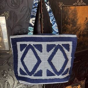 Large Beach Bag Tote Boho Style - Navy and White